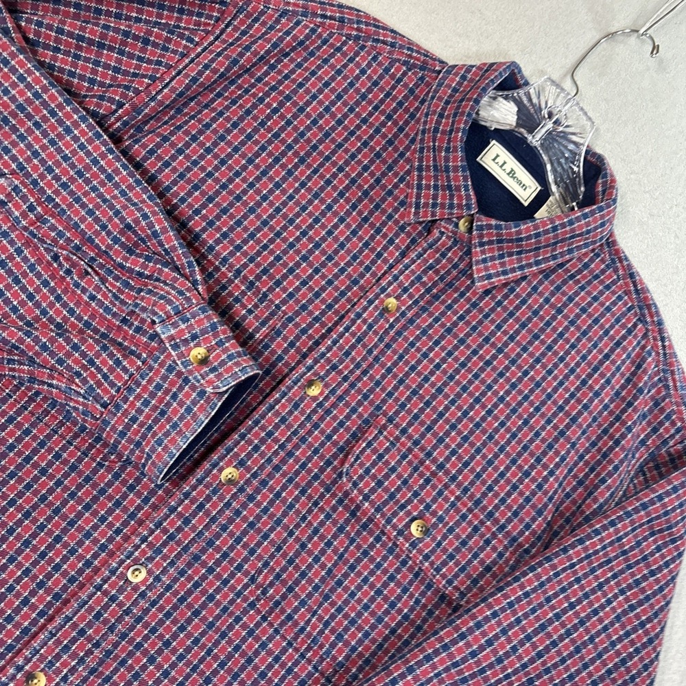 LL Bean Fleece Lined Flannel Shirt Jacket Mens Large Red Plaid Made in the USA
